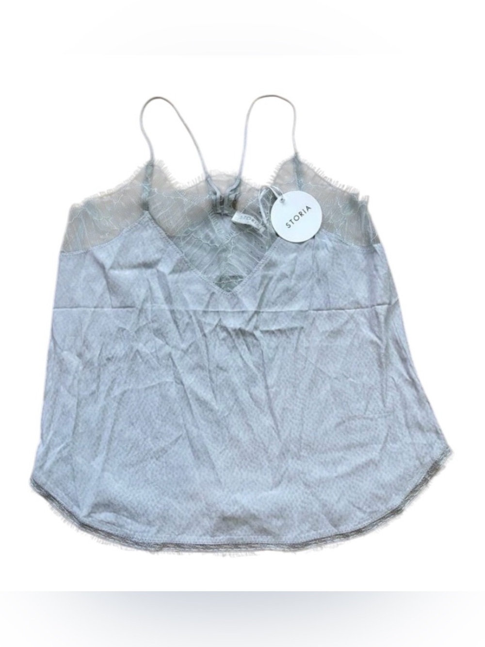 Storia Mint Sage Gray Eyelash Lace Trim Satin Cami Tank Top Sz S NWT